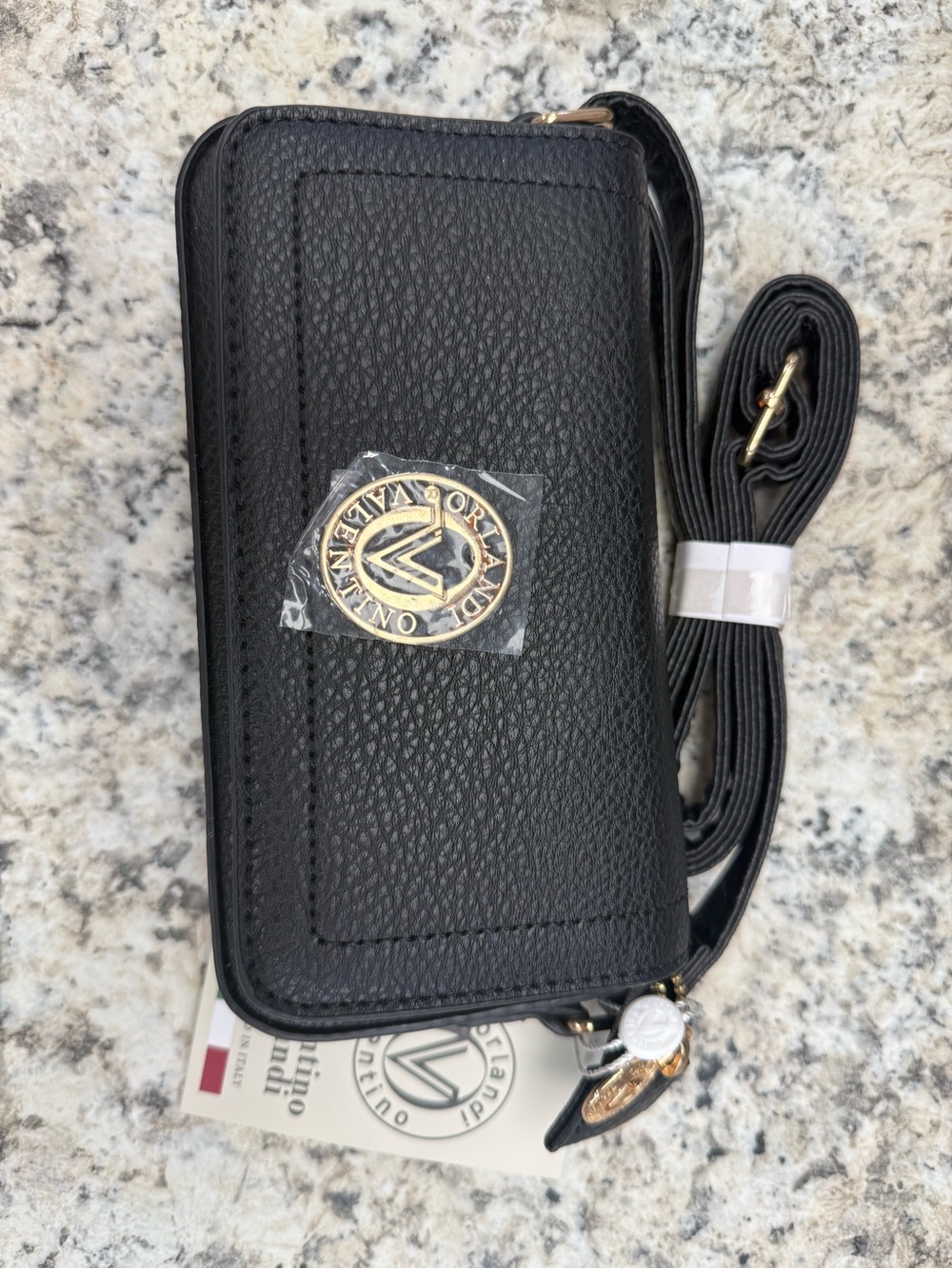 Classic Black Pebble Crossbody Wallet with Gold Accents